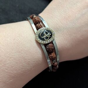 Silver Tone and Brown Om Rudraksha Cuff Bangle Statement Bracelet